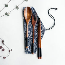 Load image into Gallery viewer, Reusable Handmade Natural Wood Cutlery Set - Plastic Free Biodegradable Japanese Style Utensil Set - Zero Waste Spoon | Fork | Chopstick