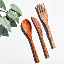 Load image into Gallery viewer, Reusable Natural Coconut Wood Cutlery set - Plastic Free Sustainable Camping Picnics Office & Lunch Box - Zero Waste Biodegradable Flatware