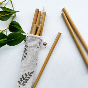 10 Reusable Natural Bamboo Drinking Straw - Zero Waste Biodegradable Straws - Eco Friendly Hemp Cleaning Brush & Sustainable Cotton Bag