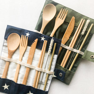 Bamboo Cutlery Set | Zero Waste Reusable | Washable Organic Cotton Travel Pouch & Hemp Cleaning Brush