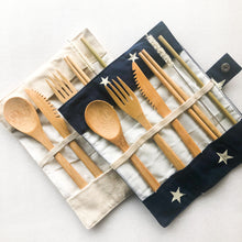 Load image into Gallery viewer, Bamboo Cutlery Set | Zero Waste Reusable | Washable Organic Cotton Travel Pouch &amp; Hemp Cleaning Brush
