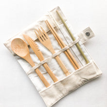 Load image into Gallery viewer, Bamboo Cutlery Set | Zero Waste Reusable | Washable Organic Cotton Travel Pouch &amp; Hemp Cleaning Brush

