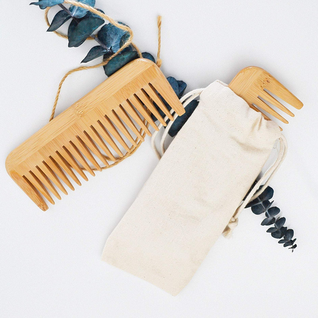 Natural Bamboo Wide Tooth Comb-Zero Waste Detangeling Comb-With Organic Cotton Pouch